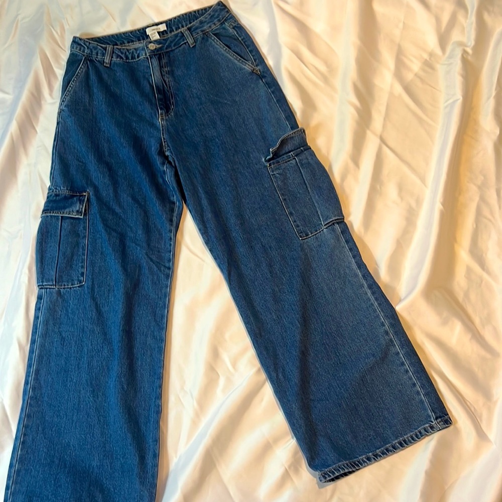 Forever 21 Dark Denim High Rise Cargo Jeans